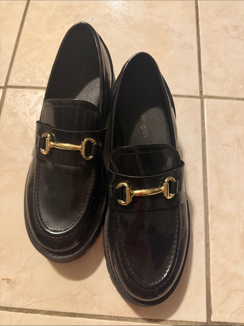 Madden Girl Black Patent Loafers with Gold Bit